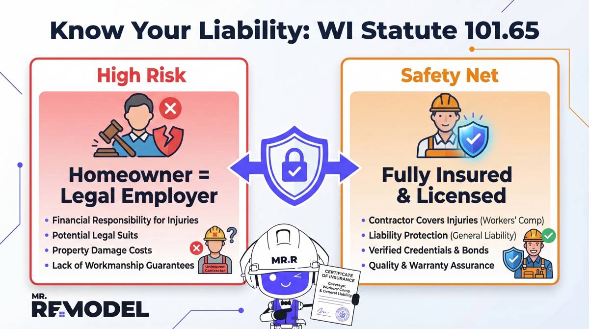 A legal safety infographic explaining Wisconsin homeowner liability laws and the importance of hiring insured and licensed roofing contractors.